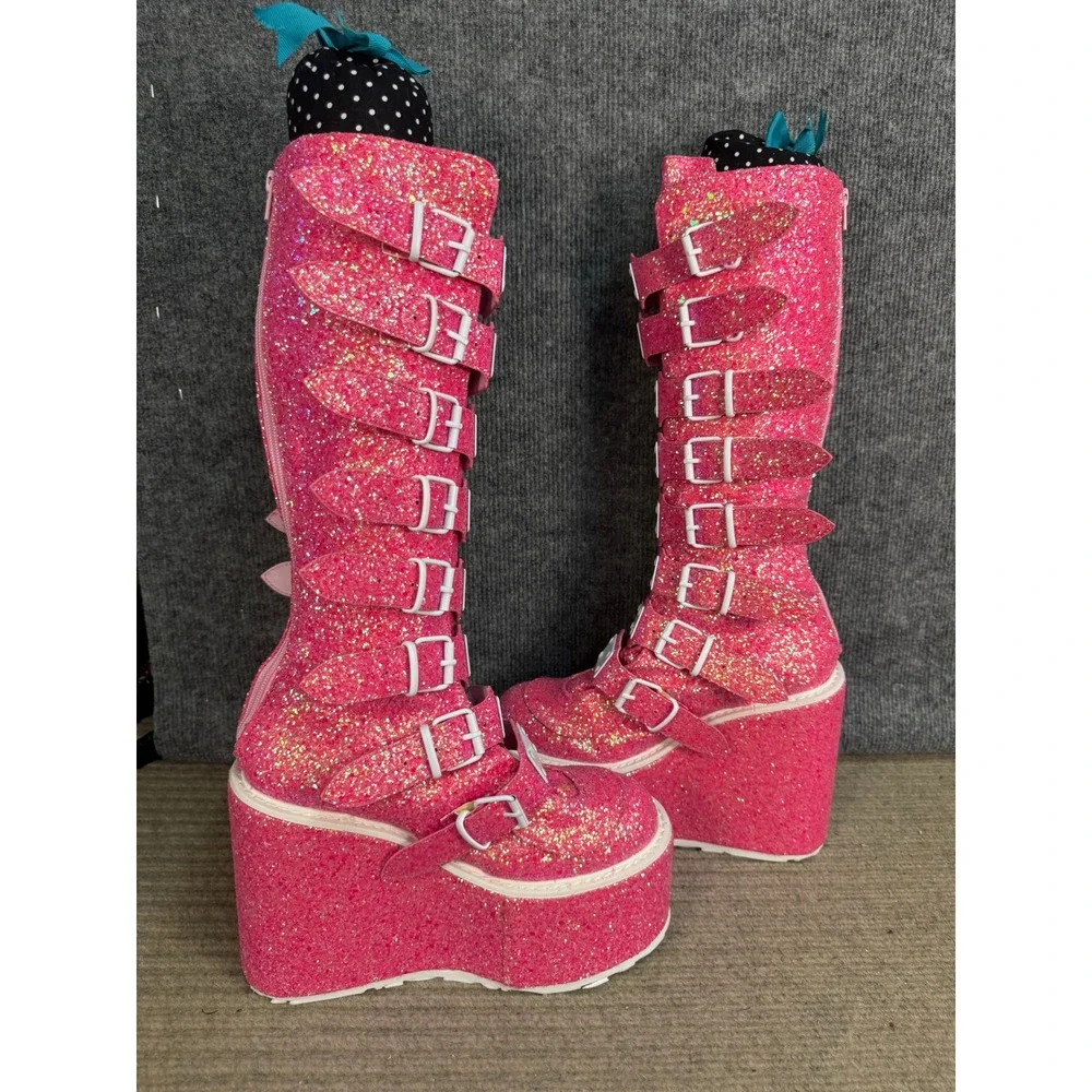 Demonia Swing-815 Pink Glitter Platform Buckle Boots Mens 10 Womens 10 Goth Rave
